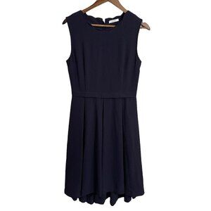Esley Womens Navy Blue Scalloped Neck Pockets Fit Flare Knee Length Dress Medium